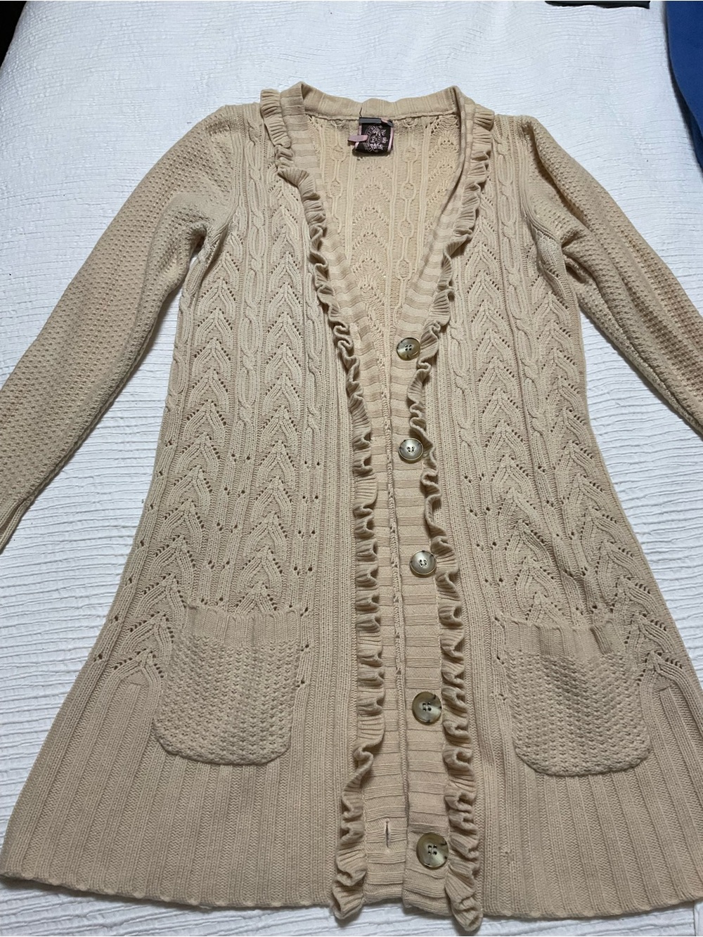 Juicy Couture Beige Ruffle-Trim Cable Knit Cardigan